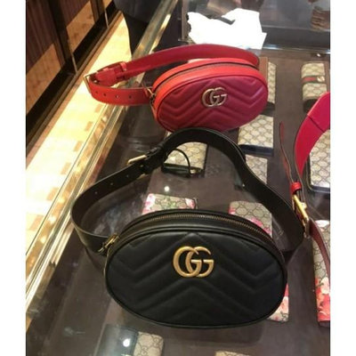 全新真品 GUCCI 476434 GG Marmont 黑/紅/粉色 牛皮 復古金 GG logo 腰包