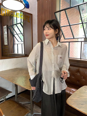 Maisobo 韓系 春夏 法式復古寬鬆蝴蝶結襯衫 條紋長袖外套