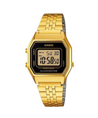 【金台鐘錶】CASIO 卡西歐 黑框 LED背光顯示 女錶 復古金色數字型電子錶  LA680WGA-1
