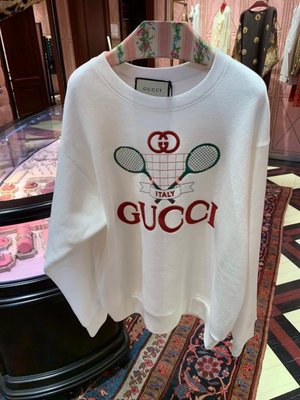 【BLACK A】精品 GUCCI 2019 復古網球拍刺繡 sweatshirt 長袖T恤 白色