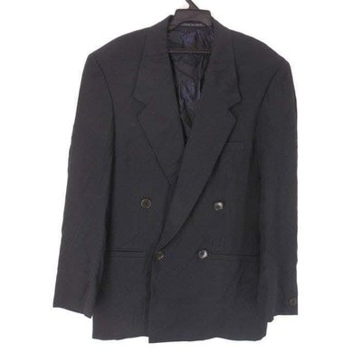GIANNI VERSACE義大利製 黑色細條紋羊毛雙排扣西裝外套 46號