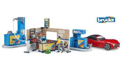 德國 BRUDER 洗車加油站主題場景套組(含2人偶及汽車和所有配件)兒童玩具車塑料模型