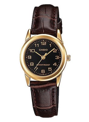 CASIO WATCH 卡西歐標準型金框黑面清晰阿拉伯數字皮帶石英對錶腕錶 型號：LTP-V001GL-1B【神梭鐘錶】