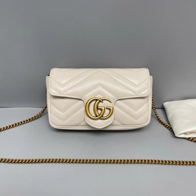 二手正品 Gucci古馳 Marmont系列絎縫皮革迷妳手袋 米白色 476433 迷你鏈條包 側背包 鑰匙包 現貨