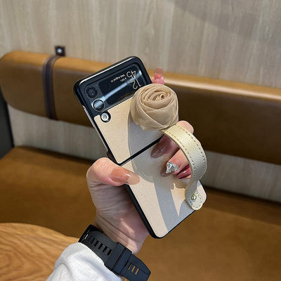 創意腕帶手提適用三星zflip4手機殼皮質折疊屏Galaxy Z Filp3現貨手機殼SAMSUNG