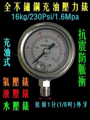 小而美高壓16kg/230Psi/1.6Mpa全不鏽鋼充油壓力錶 壓力表 充油液壓錶 水壓錶 氣壓錶 外牙接頭1分