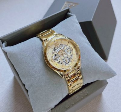 GUESS Clear Cut 香檳色鏤空錶盤 金色不鏽鋼錶帶 石英 女士手錶 GW0253L2