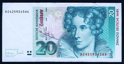 德國紙幣 1993年版 20馬克（植物學家 許塞爾） 8.5成左右品相 紙幣 紀念鈔 紙鈔【悠然居】688