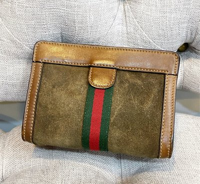 （已售出）Gucci 二手真品 vintage 古董 麂皮 經典 綠紅綠 收納包 化妝包