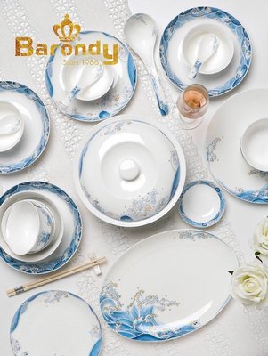【熱賣精選】BARONDY 中式手繪骨瓷碗碟套裝家用陶瓷喬遷碗盤景德鎮青花瓷餐具