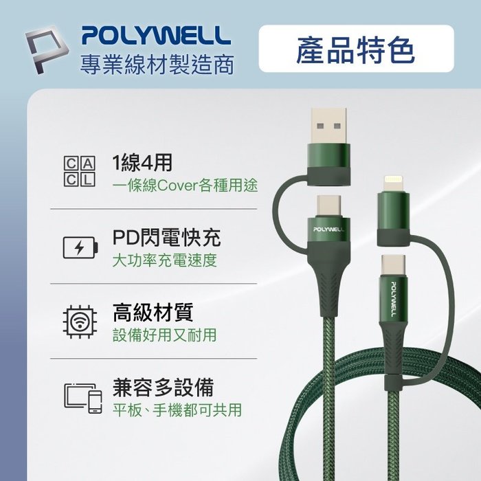 【珍愛頌】寶利威爾 四合一PD編織快充線 USB-A+C+Lightning 200公分 適用安卓蘋果 POLYWELL