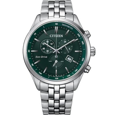 CITIZEN 星辰 光動能復古風計時手錶-銀x紳士綠(AT2149-85X)