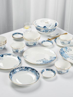 【熱賣精選】中式手繪骨瓷碗碟套裝青花瓷餐具套裝家用陶瓷碗盤組合景德鎮乘風