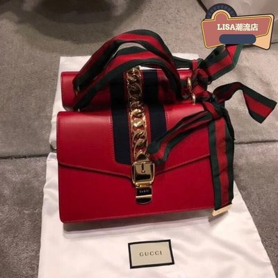 LISA二手  GUCCI 古馳 431666 Sylvie Mini 羅緞蝴蝶結迷你金鍊包 紅色