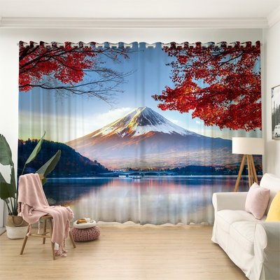 定制日本日式和風風景畫窗簾富士山紅楓葉樹主題酒店日料餐廳窗紗
