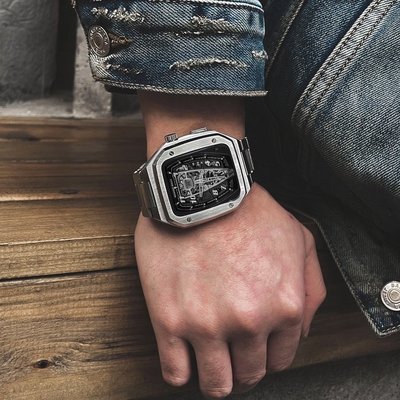 適用於Apple Watch 7 4 5 6 SE錶帶 男款蘋果手錶改裝AP橡樹金屬不鏽鋼一體套裝錶帶44mm 45mm-337221106