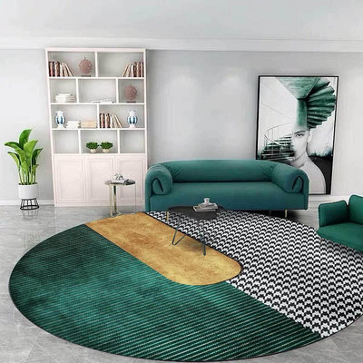 跨境時尚輕奢千鳥格黛綠金色拼接客廳臥室吊籃椅圓形地墊地毯
