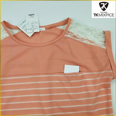 日本二手衣✈️THE SHOP TK 新品 女 LL 條紋短袖T恤 小口袋蕾絲短T 日本MIXPICE  A1238T