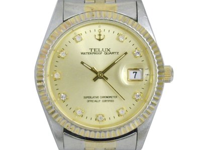[專業] 石英錶 [TELUX S7563] 鐵力士 蠔式半金石英鑽錶[金色面+日期]中性錶/軍錶