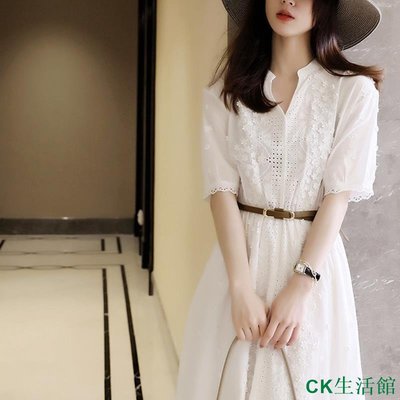 CK生活館【精品】法式長款初戀白色蕾絲洋裝女裝2023夏季收腰鏤空法式仙女超仙裙