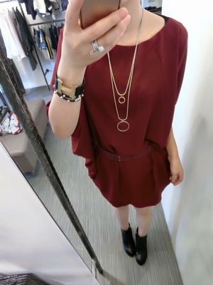 大小姐衣櫃 二手轉售 正韓酒紅色造型洋裝 附皮帶 全長88公分