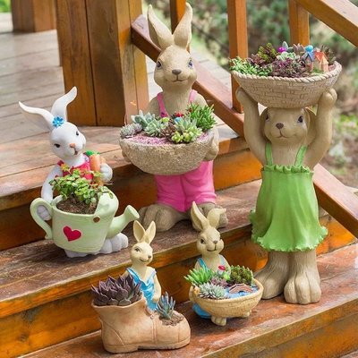 粉紅玫瑰精品~可愛動物造型仿陶瓷花盆庭院落地兔子擺件~