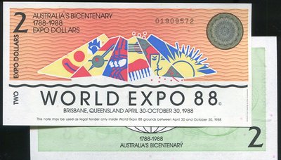 AUSTRALIA (澳大利亞消費?)， PC2 ， 2 ， 1988消費券 ，品相全新UNC