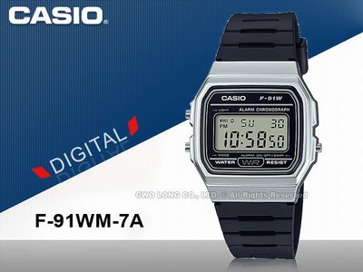 CASIO 手錶專賣店 國隆 F-91WM-7A 男錶 電子錶 樹脂錶帶 樹脂玻璃 防水 LED燈