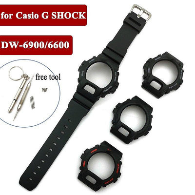 全館免運 樹脂錶帶帶框架錶殼黑色套裝 適配卡西歐 G SHOCK DW-6900 DW-6600 男士手錶配件 帶螺絲工