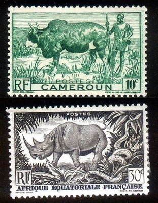 法屬 喀麥隆1940『野生動物 瘤牛與牧民、犀牛與石蠎蛇 』雕刻版古典新票