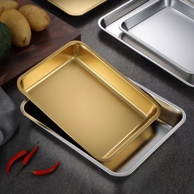 日式不銹鋼盤子金色長方形托盤廚房方盤家用深盤商用烤箱平底淺盤~特價