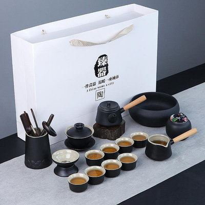 茶具 日式黑陶側把壺茶具套裝家用高檔陶瓷提梁茶壺茶盤整套禮盒裝禮品