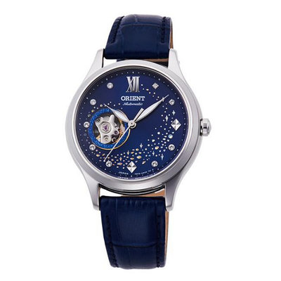 「官方授權」ORIENT東方錶 女藍月奇蹟鏤空機械錶 皮帶款 藍色 RA-AG0018L