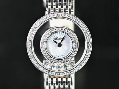 [現貨]Chopard 蕭邦 205691-1201 Happy Diamonds 原鑲鑽錶 貝殼面 5顆跑鑽 18白K金鏈帶 石英機芯 26mm CP123