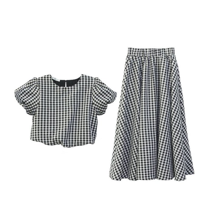 【TF5201】✿寶貝花園✿ 2021夏季新品 女童 中大童 黑白格子泡泡袖短款上衣+長裙 二件套 套裝 親子款