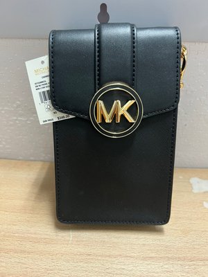 Michael Kors MK 圓標LOGO皮革斜背手機包-黑色