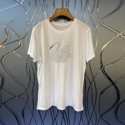 現貨-重工亮片天鵝圖案顯瘦T恤女夏季歐美新款氣質百搭上衣4C簡約