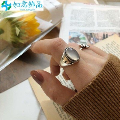 韓國東大門時尚潮流復古寶石白瑪瑙泰銀開口戒指~如意飾品