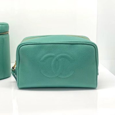 Chanel vintage 薄荷綠荔枝皮大logo置物包化妝包洗漱包