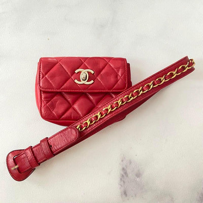 Chanel vintage紅色經典菱格紋金色書包釦腰鏈皮帶腰包 可當皮帶 腰帶 當錢包