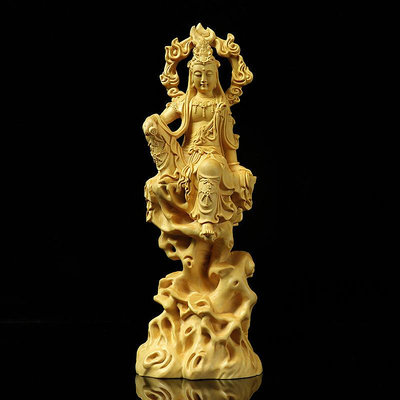 星星館 黃楊木雕木質佛像持經自在觀音菩薩雕刻人物擺件 cl