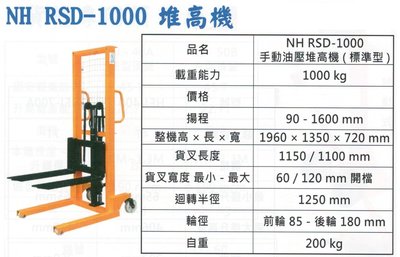 手動油壓堆高機 手動堆高機 標準型 NH RSD-1000