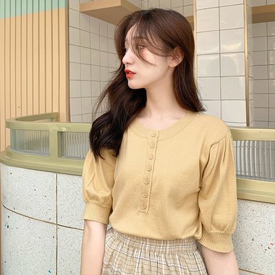 Maisobo 韓 春夏 清新單排釦泡泡袖冰絲針織衫 5色 Q-420 預購