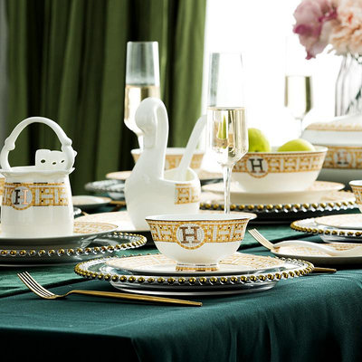 70頭碗碟套裝家用歐式馬賽克H輕奢骨瓷愛馬仕餐具北歐景德鎮陶瓷-萬物起源