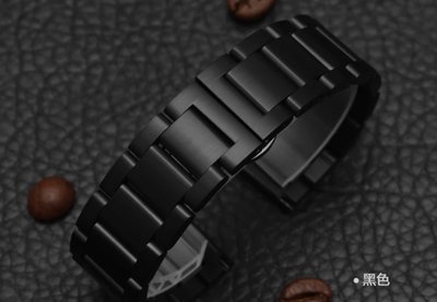 錶帶屋 Classic S2 S3 Ticwatch2 黑色PVD 23mm 厚實不銹鋼實心錶帶使用按鈕飛機扣