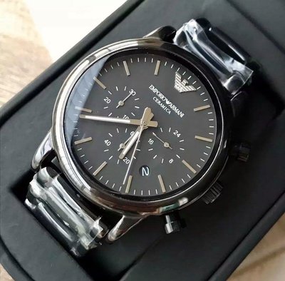 EMPORIO ARMANI 黑色陶瓷錶帶 石英三眼計時 男士手錶