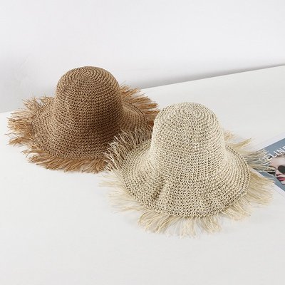 草帽女夏天手工大檐太陽帽毛須邊度假風百搭可折疊沙灘盆帽遮陽帽