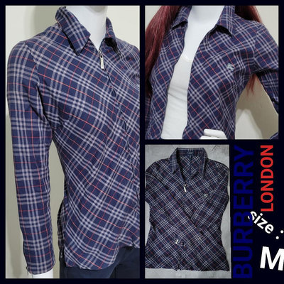 BURBERRY LONDON 菱格紋藍色系彈性襯衫款經典LOGO拉鍊長袖外套，尺寸:M