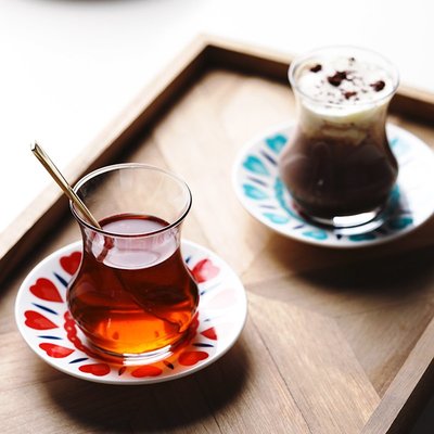 土耳其鬱金香玻璃杯碟  曲線杯 無把杯 咖啡杯 藍色 紅色 白色 清倉特賣 特價【小雜貨】