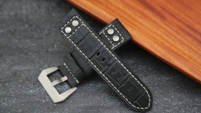 二戰軍風banda軍錶飛行風鉚釘24mm 壓鱷魚皮紋,直身黑色真皮錶帶